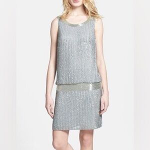NWT Adrianna Papell Drop Waist Beaded Mini Dress Gray Silver Sequin Sleeveless 0